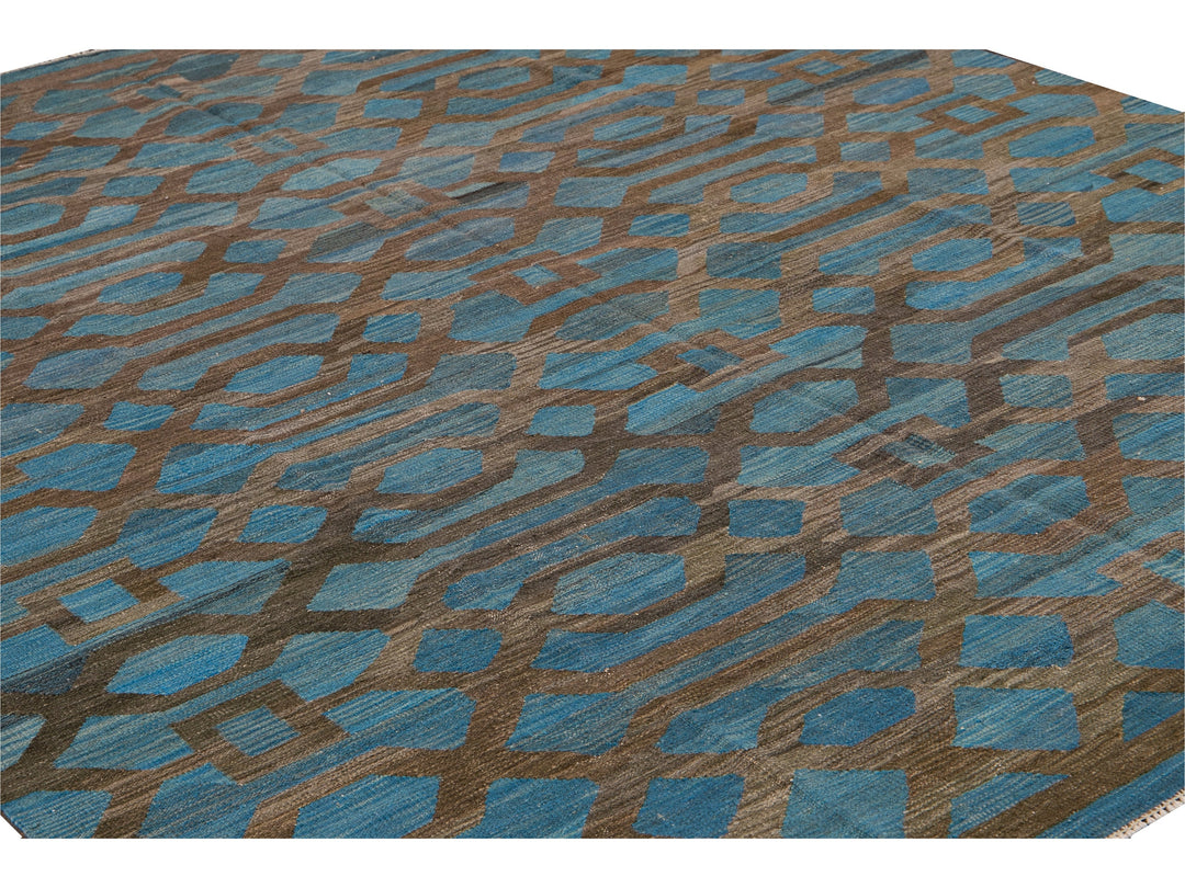 Modern Geometric Kilim Handmade Room Size Blue Wool Rug