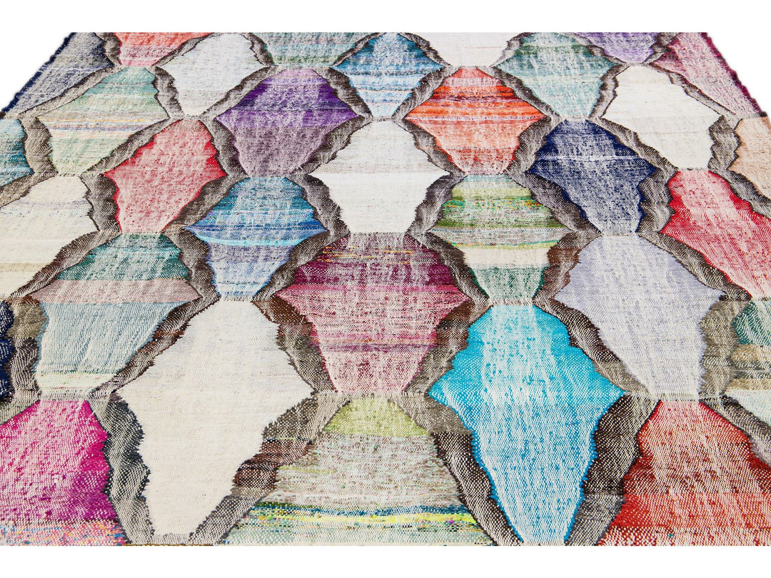 Contemporary Kilim Handmade Geometric Multicolor Wool Rug