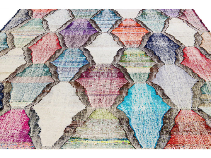 Contemporary Kilim Handmade Geometric Multicolor Wool Rug