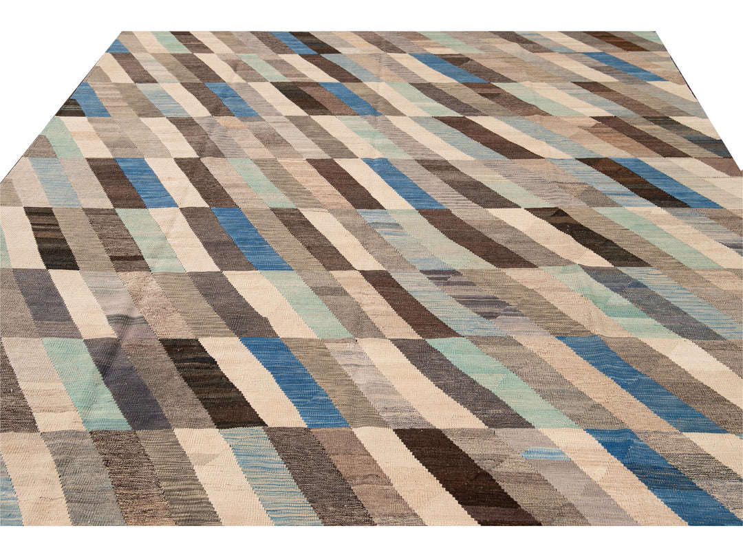 Contemporary Kilim Flatweave Multicolor Geometric Abstract Wool Rug