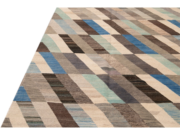 Contemporary Kilim Flatweave Multicolor Geometric Abstract Wool Rug