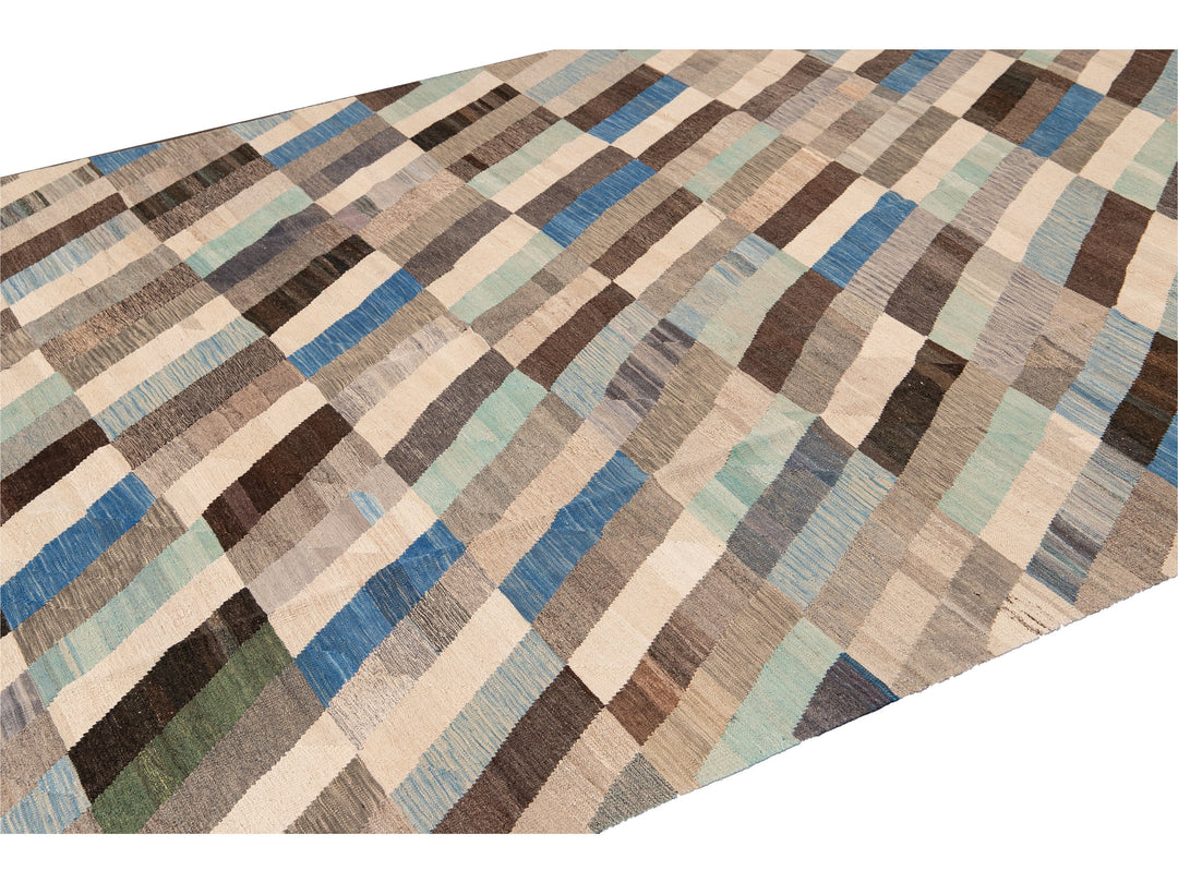 Contemporary Kilim Flatweave Multicolor Geometric Abstract Wool Rug