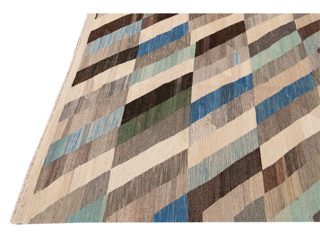 Contemporary Kilim Flatweave Multicolor Geometric Abstract Wool Rug