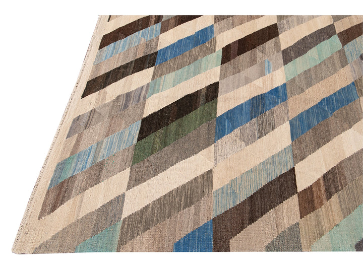 Contemporary Kilim Flatweave Multicolor Geometric Abstract Wool Rug