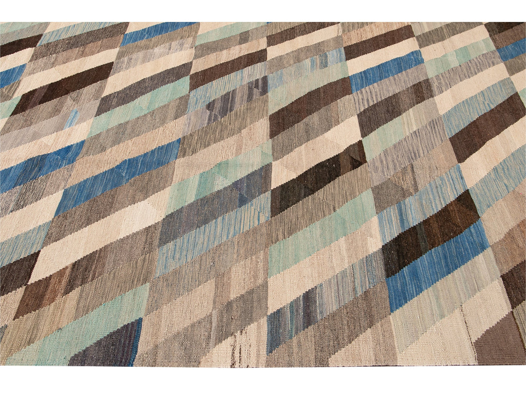 Contemporary Kilim Flatweave Multicolor Geometric Abstract Wool Rug