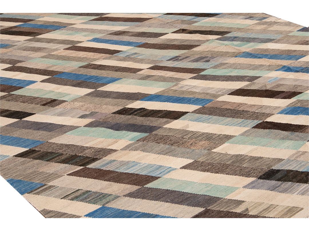 Contemporary Kilim Flatweave Multicolor Geometric Abstract Wool Rug