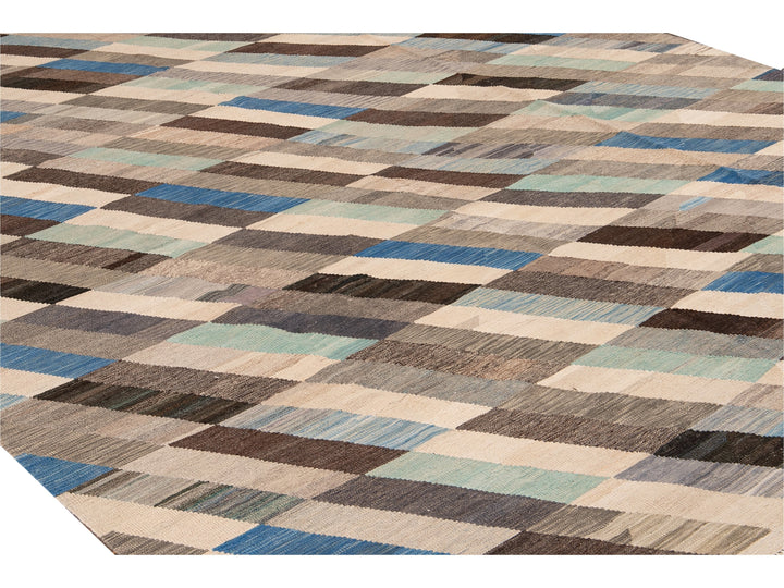 Contemporary Kilim Flatweave Multicolor Geometric Abstract Wool Rug