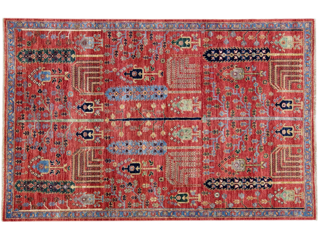 Modern Bidjar Style Red Handmade Wool Rug With Geometric Floral Motif
