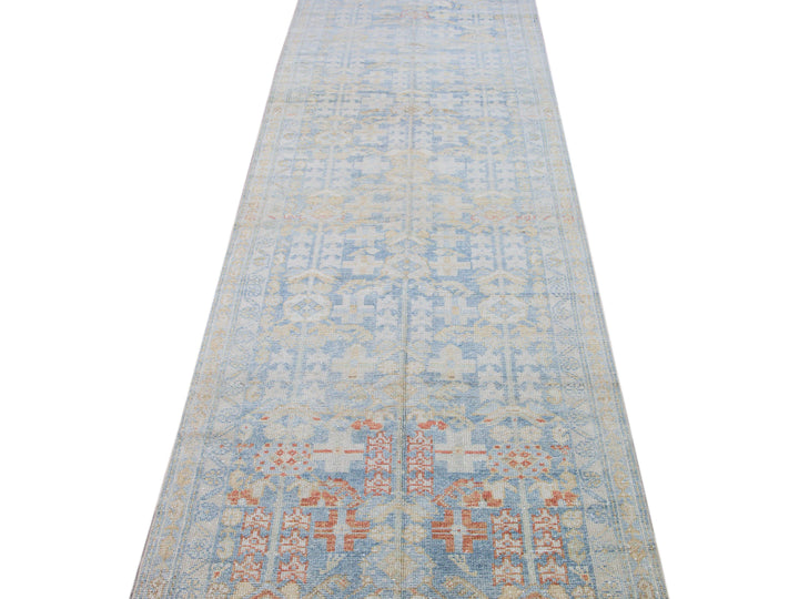 Vintage Malayer Handmade Medallion Floral Distressed Blue Wool Runner