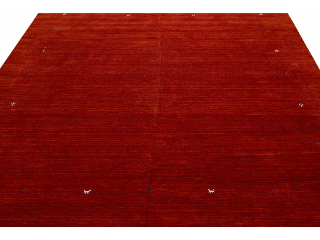 Modern Gabbeh Style Red Hand-Loom Minimalist Pattern Wool Rug