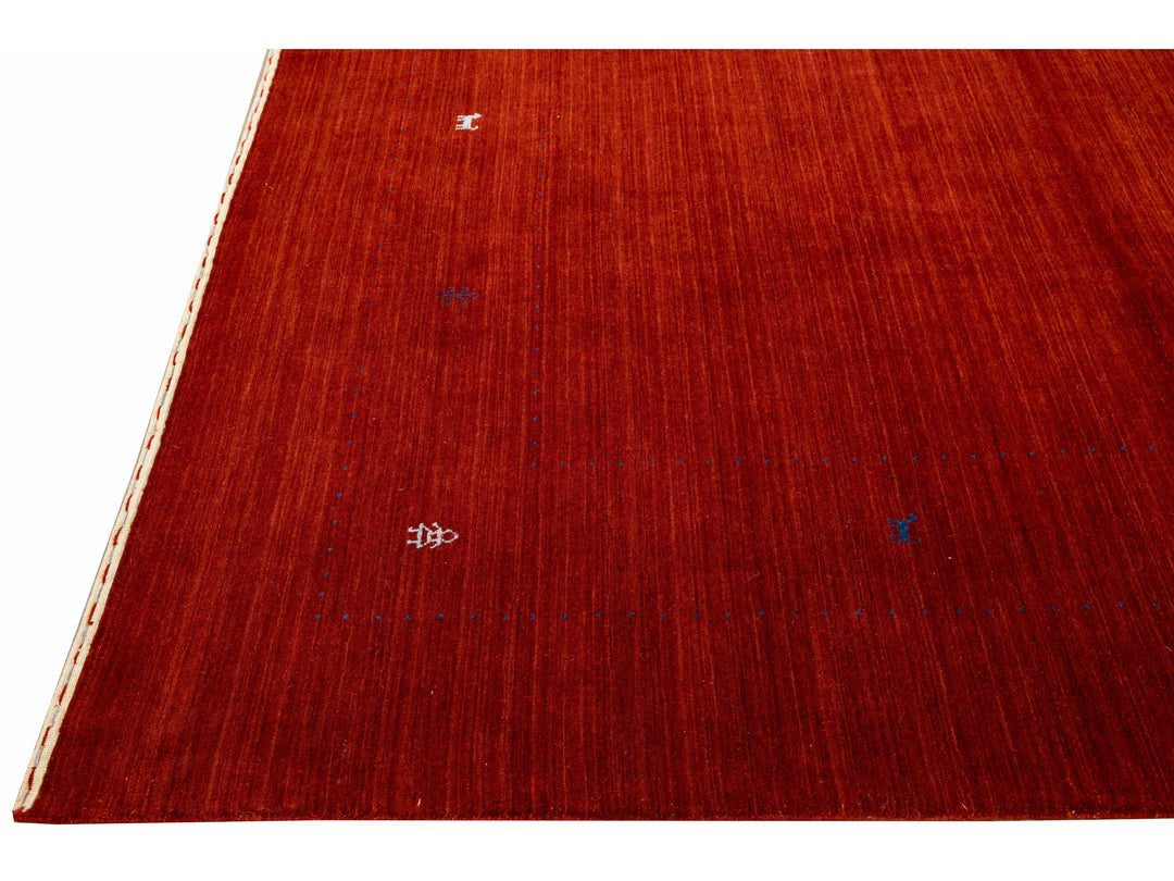 Modern Gabbeh Style Red Hand-Loom Minimalist Pattern Wool Rug