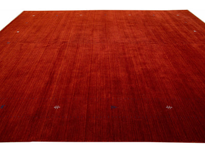 Modern Gabbeh Style Red Hand-Loom Minimalist Pattern Wool Rug