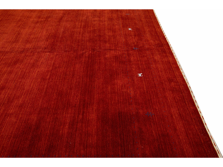 Modern Gabbeh Style Red Hand-Loom Minimalist Pattern Wool Rug