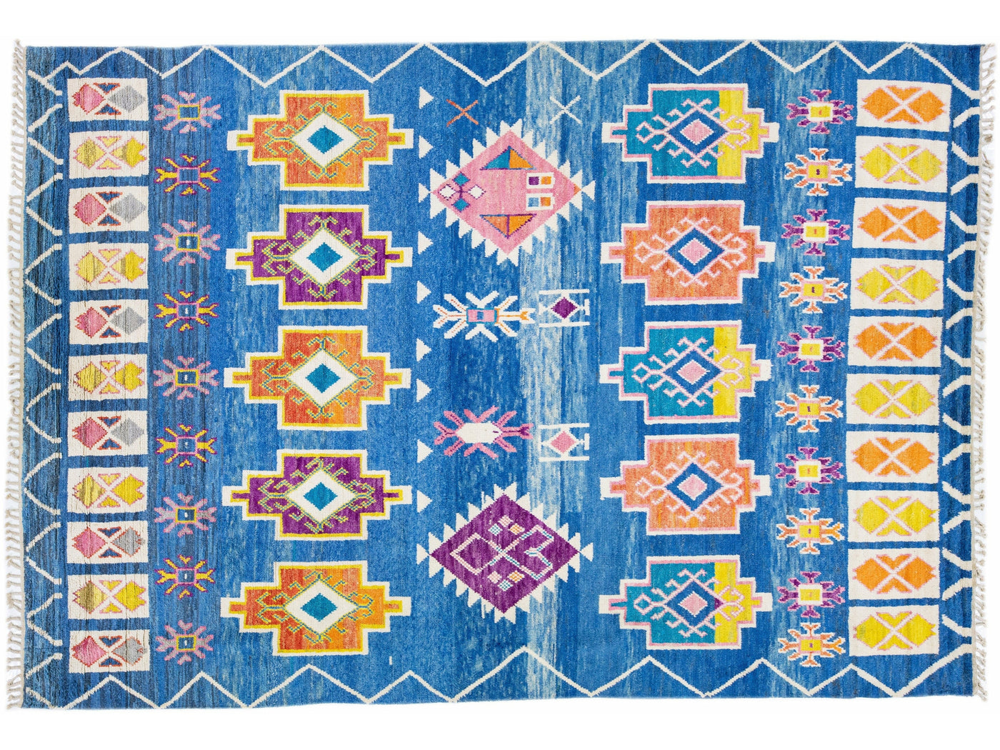 Modern Moroccan Style Handmade Blue Wool Rug with Geometric Tribal Pattern