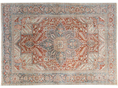Antique Heriz Persian Handmade Floral Medallion Rust Wool Rug