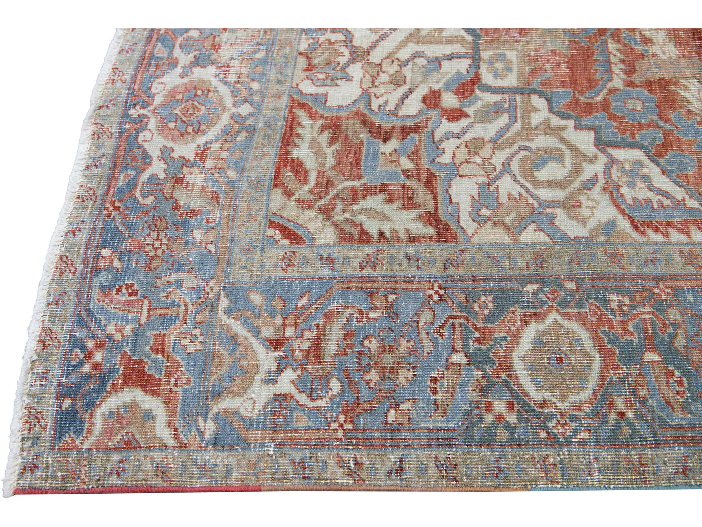 Antique Persian Heriz Handmade Red and Blue Medallion Floral Wool Rug