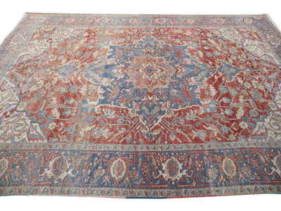 Antique Persian Heriz Handmade Red and Blue Medallion Floral Wool Rug