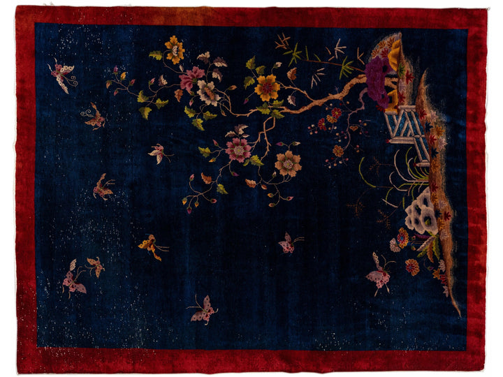 Antique Art Deco Chinese Handmade Floral Blue Wool Rug