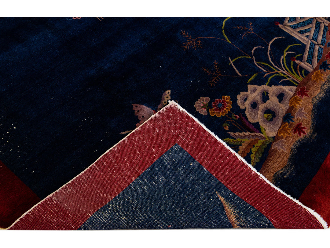 Antique Art Deco Chinese Handmade Floral Blue Wool Rug