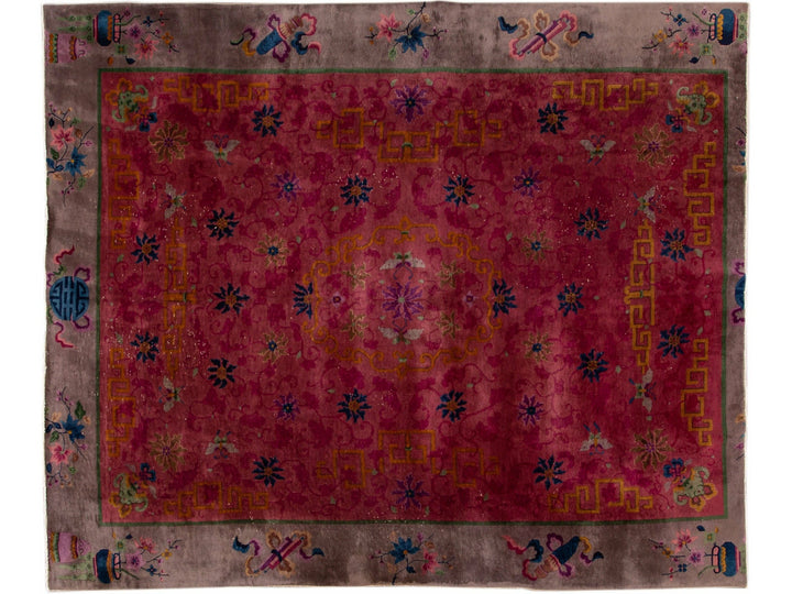 Red Antique Art Deco Chinese Handmade Floral Wool Rug