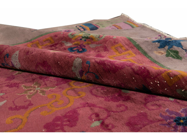 Red Antique Art Deco Chinese Handmade Floral Wool Rug