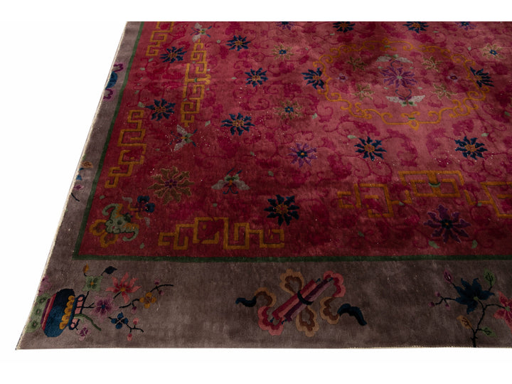 Red Antique Art Deco Chinese Handmade Floral Wool Rug