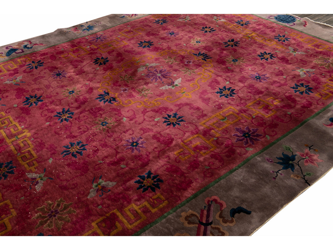 Red Antique Art Deco Chinese Handmade Floral Wool Rug