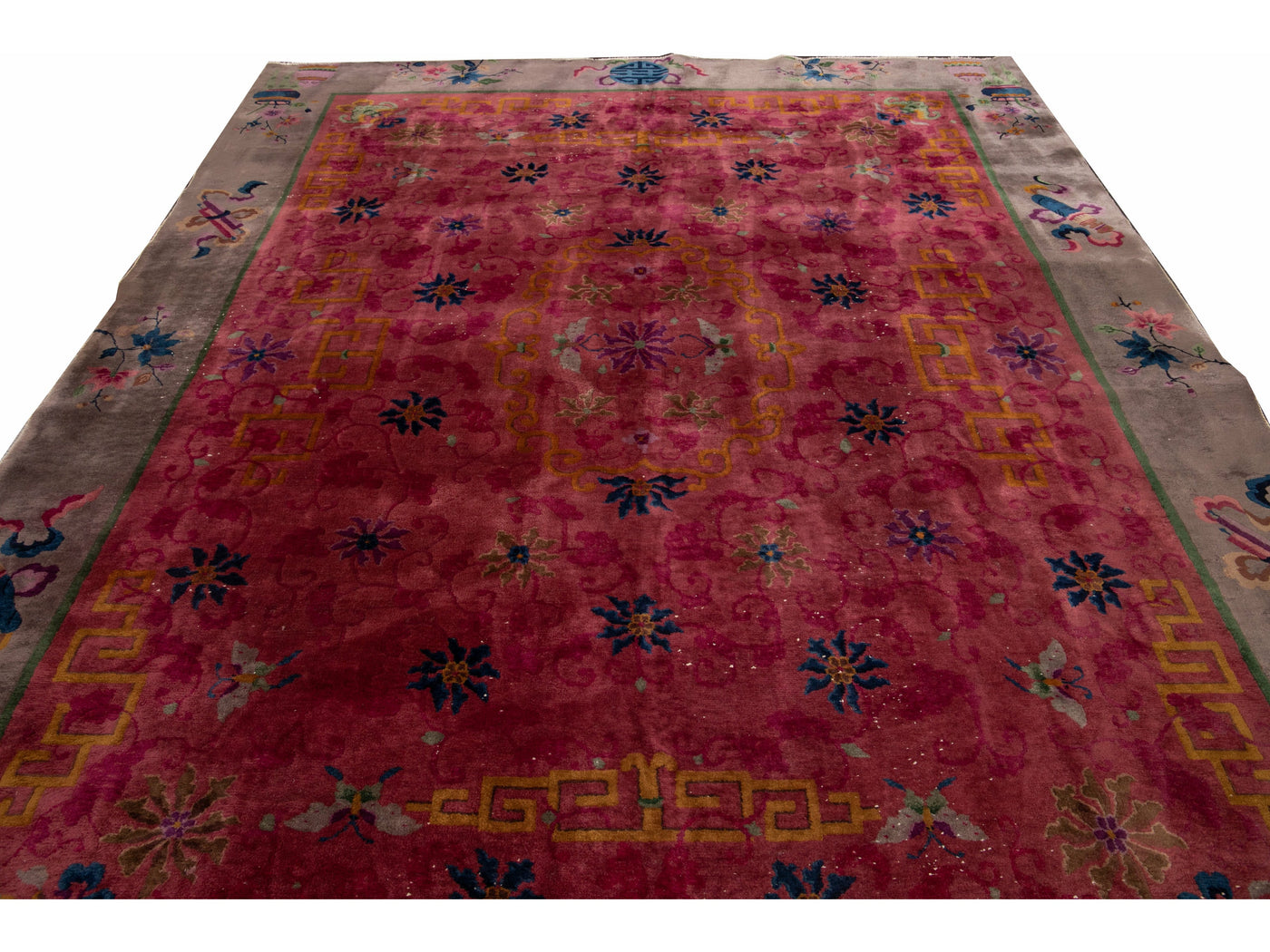 Red Antique Art Deco Chinese Handmade Floral Wool Rug