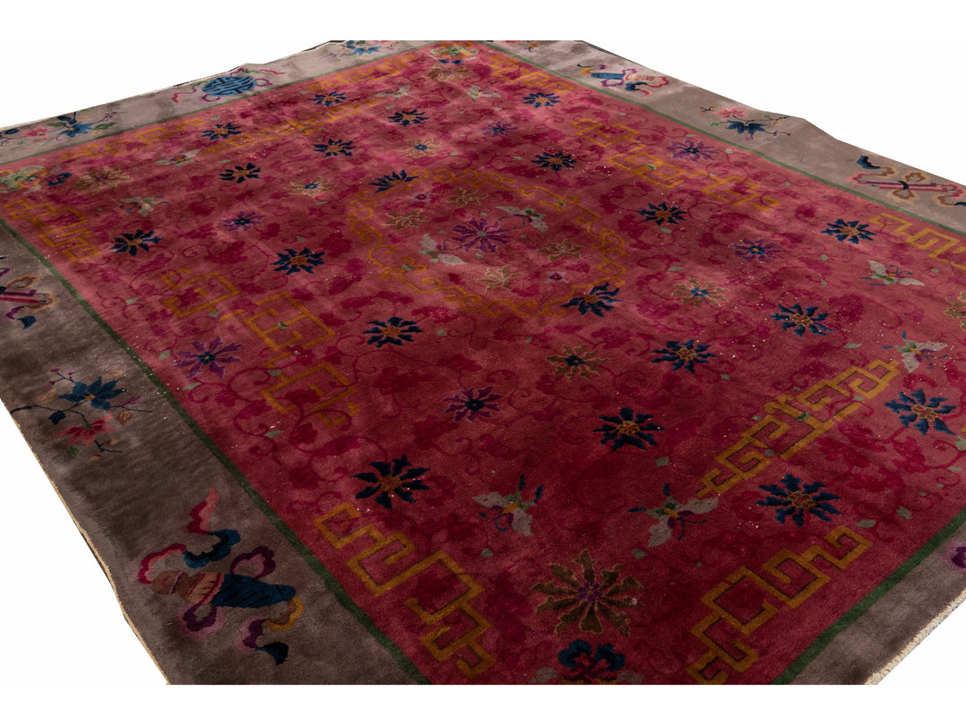Red Antique Art Deco Chinese Handmade Floral Wool Rug