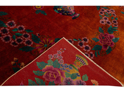 Red Antique Art Deco Handmade Chinese Floral Pattern Wool Rug