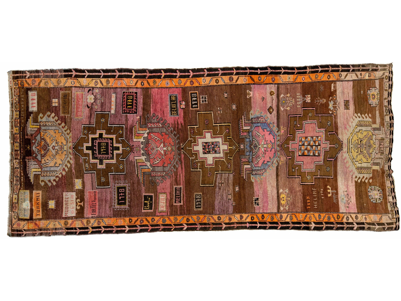 Brown and Pink Vintage Turkish Anatolian Handmade Geometric Designed Wool Rug