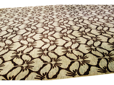 Modern Transitional Handmade Brown Palmettes Pattern Oversize Tan Wool Rug