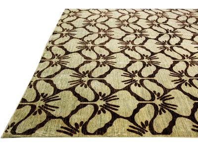 Modern Transitional Handmade Brown Palmettes Pattern Oversize Tan Wool Rug