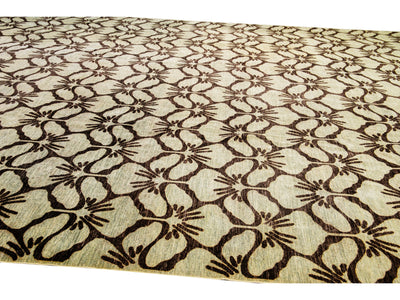 Modern Transitional Handmade Brown Palmettes Pattern Oversize Tan Wool Rug