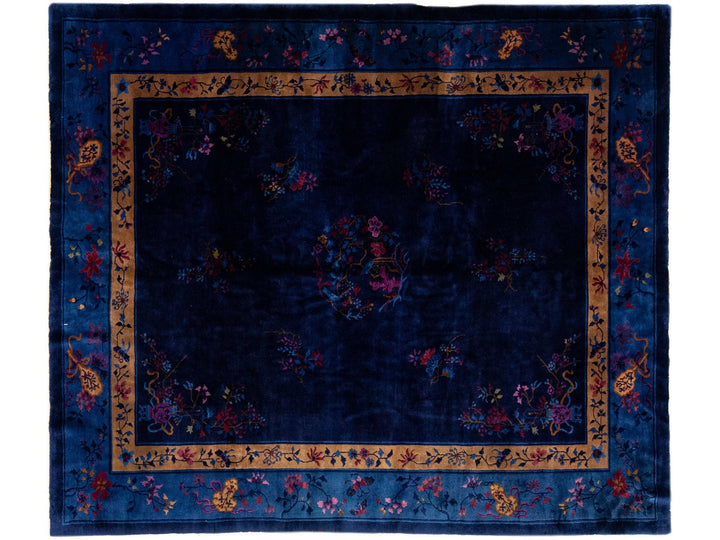 Antique Peking Handmade Chinese Blue Wool Rug with Traditional Floral Motif