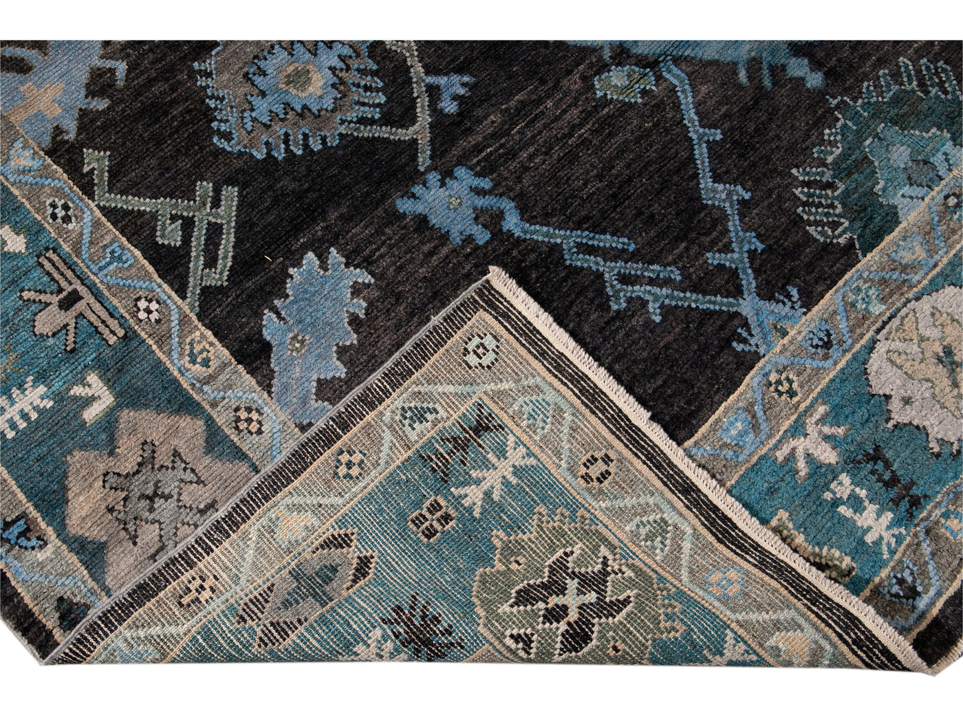 Modern Turkish Oushak Black and Blue Handmade Floral Wool Rug