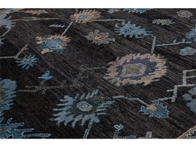 Modern Turkish Oushak Black and Blue Handmade Floral Wool Rug