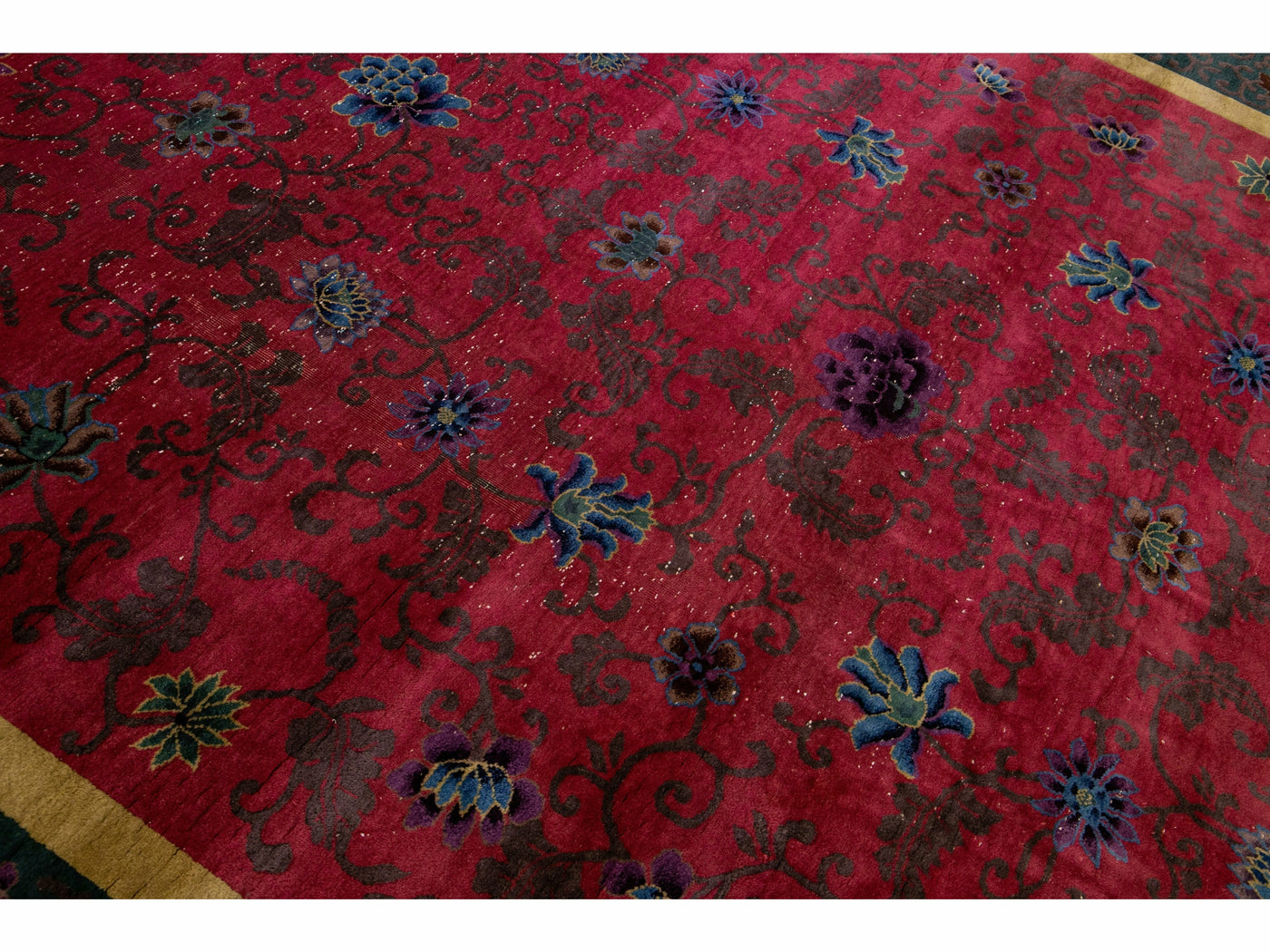 Antique Art Deco Handmade Chinese Floral Red Wool Rug