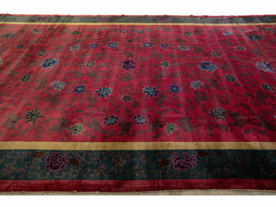 Antique Art Deco Handmade Chinese Floral Red Wool Rug