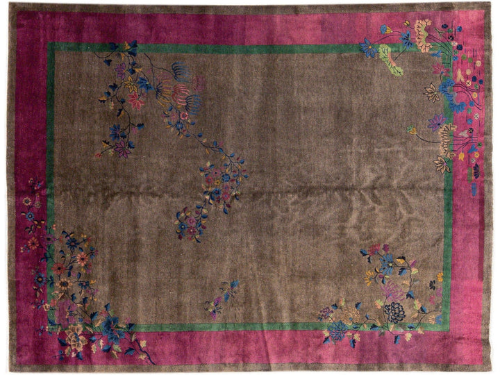 Antique Art Deco Brown Handmade Floral Chinese Wool Rug