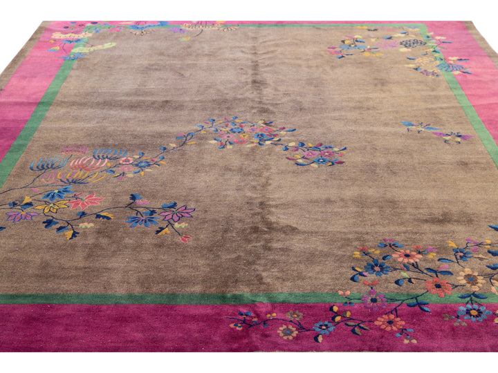 Antique Art Deco Brown Handmade Floral Chinese Wool Rug
