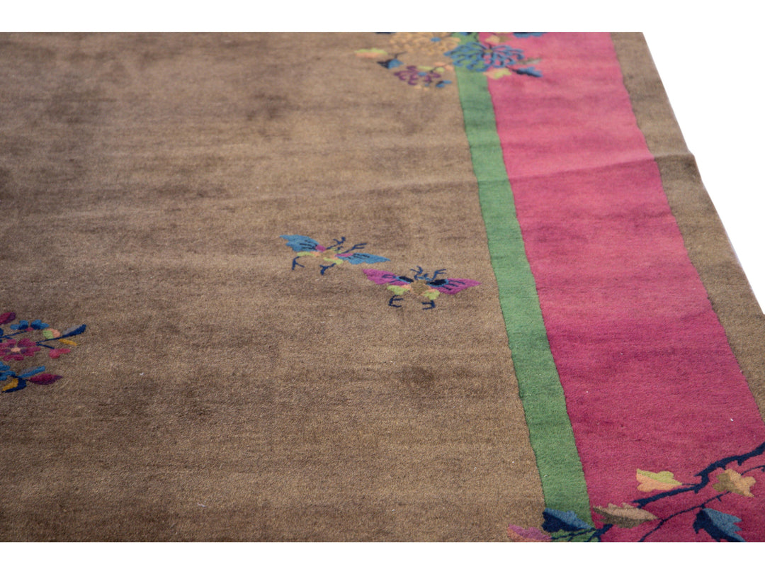 Antique Art Deco Brown Handmade Floral Chinese Wool Rug