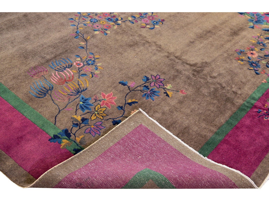 Antique Art Deco Brown Handmade Floral Chinese Wool Rug