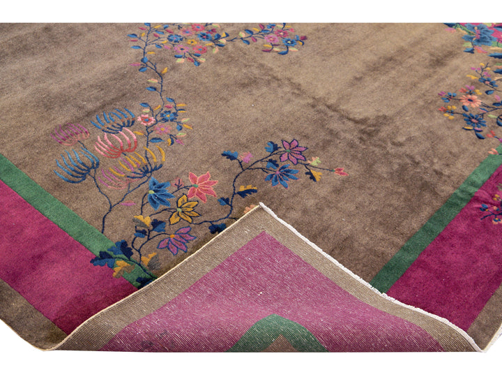 Antique Art Deco Brown Handmade Floral Chinese Wool Rug