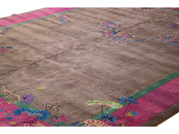 Antique Art Deco Brown Handmade Floral Chinese Wool Rug