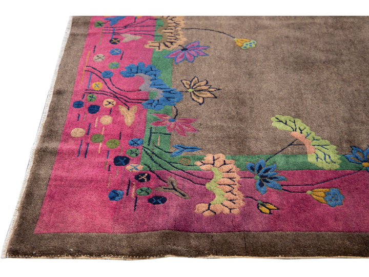 Antique Art Deco Brown Handmade Floral Chinese Wool Rug