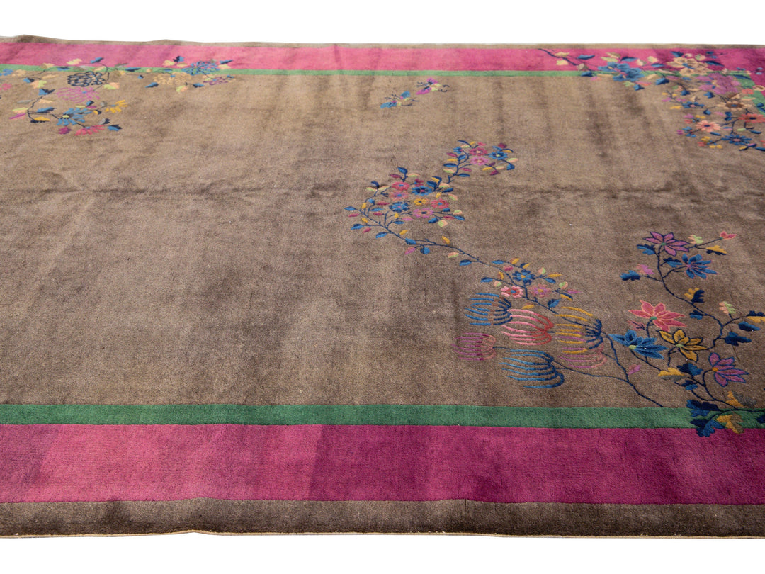 Antique Art Deco Brown Handmade Floral Chinese Wool Rug