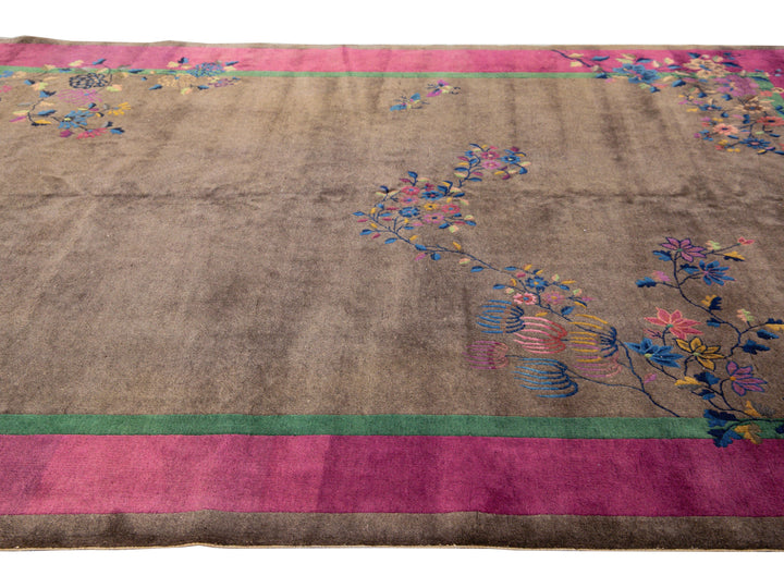 Antique Art Deco Brown Handmade Floral Chinese Wool Rug