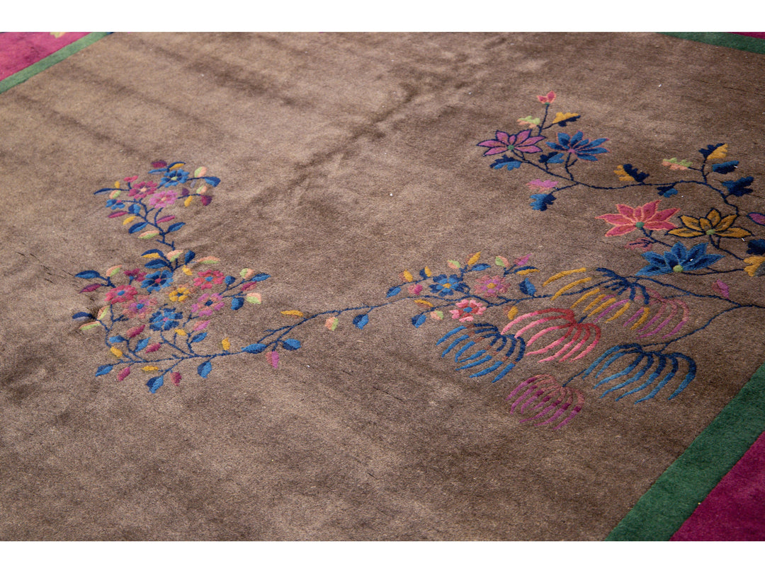 Antique Art Deco Brown Handmade Floral Chinese Wool Rug