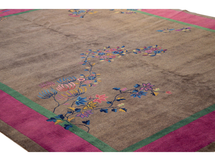 Antique Art Deco Brown Handmade Floral Chinese Wool Rug